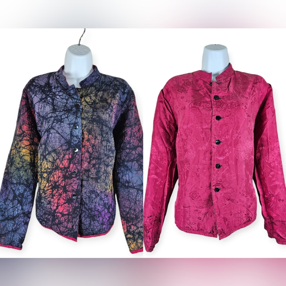 Chicos pink purple green black floral reversible silk jacket Womens Medium
